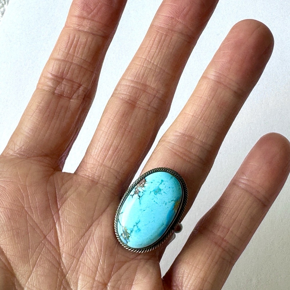 Navajo Golden Hills Ring Blue Turquoise Sz 7 Adj Signed Skeets Sterling Native - Picture 2 of 9